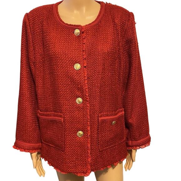 Joan Rivers Women Jacket 20W Red Tweed Gold Buttons Mature Career Church Holiday - Picture 1 of 10